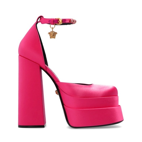 Versace Shoes - Versace Medusa Head Charm Satin Platform Pumps